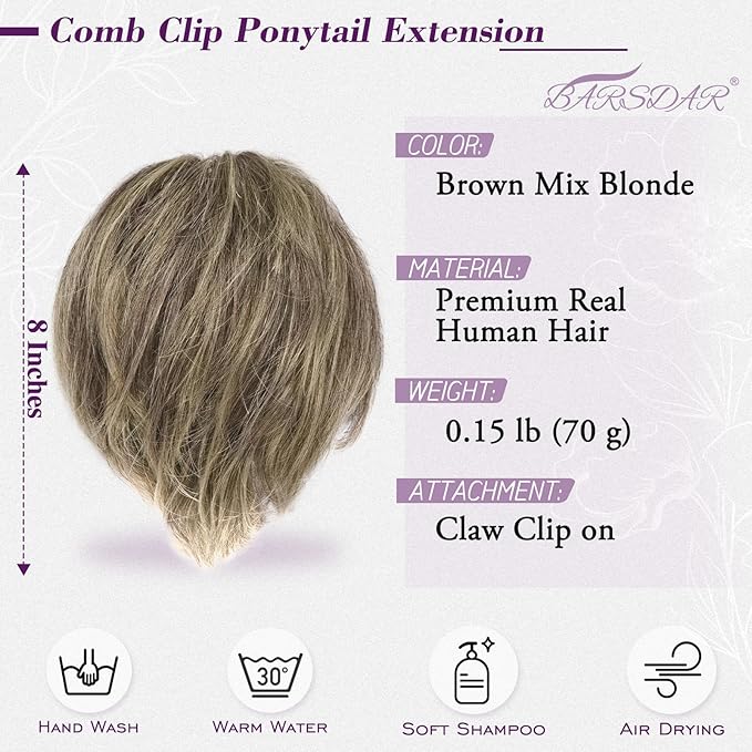 BARSDAR Claw Clip Short Human Hair Ponytail Extension with Bendable Metals - DIY 8 Inch Real Human Hair Brown Mix Blonde Messy Bun Hairpieces for Women - Thick Natural Short Ponytail Daily