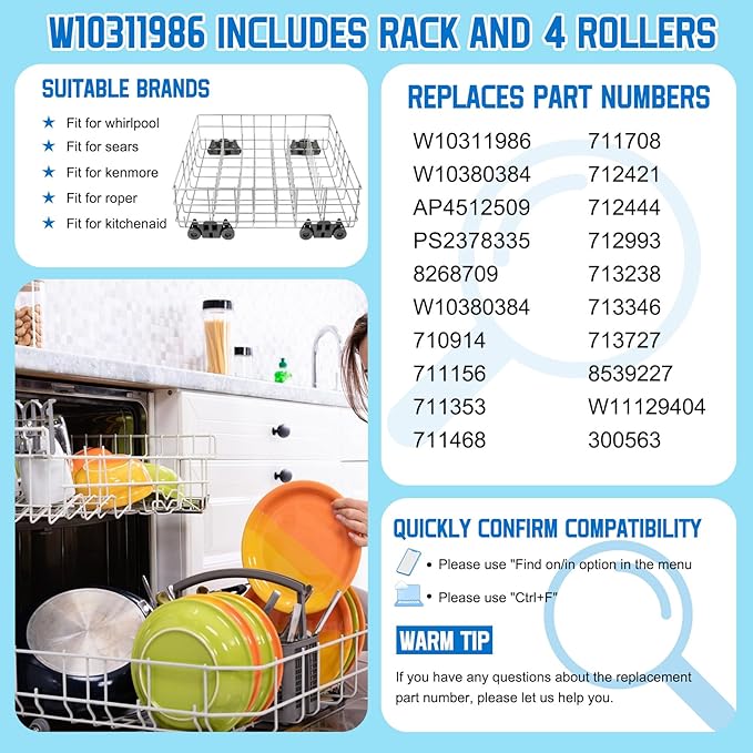 Upgraded W10311986 W10380384 Dishwasher Rack, W11158802 Dishwasher Lower Dishrack with 4 Lower level rack wheels, replacement for Whirlpool Dishwasher, 20.5" x 20.5" x 5.9" Material Upgrade