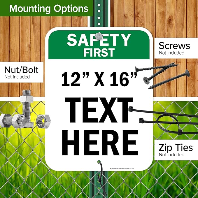 Custom Safety First Sign, OSHA Sign, 12x16 Inches, Post Holes, Rust Free .040 Aluminum, Fade Resistant, Indoor/Outdoor Use, Made in USA by My Sign Center