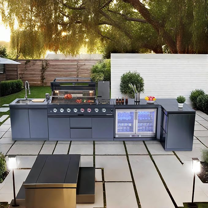 157-Inch 6-Burner 96000 BTU Propane Gas Outdoor Kitchen Island - Stainless Steel Grill with Wine Cooler, Rotisserie, Granite Countertops, Storage Cabinets & Drawers, Black