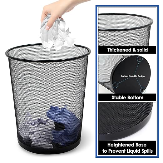 Mesh Trash Can 10-Pack,6 Gal Black Office Trash Can for Near Desk,Wide Open Top & Thickened Metal Wire Wastebaskets,Black Mesh Trash Cans for office,Recycling Garbage Container Bin for Home,School