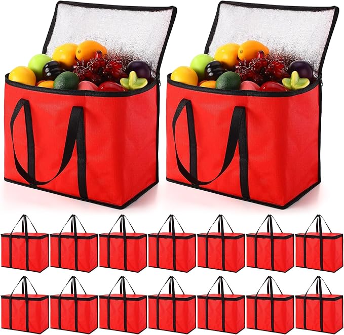 Kenning 15 Pcs Large Insulated Reusable Grocery Bags with Sturdy Zipper and Handles Foldable Washable Cooler Totes Heavy Duty Hot or Cold Food Delivery Bag for Food Transport Travel Lunch (Red Black)