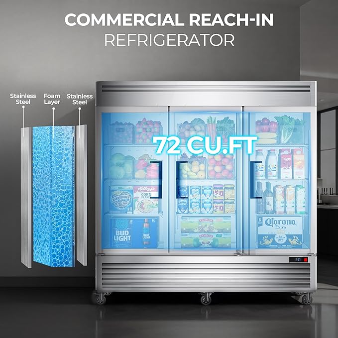 Coolake 82" Commercial Reach-In Refrigerator 3 Solid Doors, 72 Cu.ft Stainless Steel Fan Cooling Upright Fridge 12 Adjustable Shelves, Commercial Fridge for Restaurant Kitchen Cafe Grocery Store