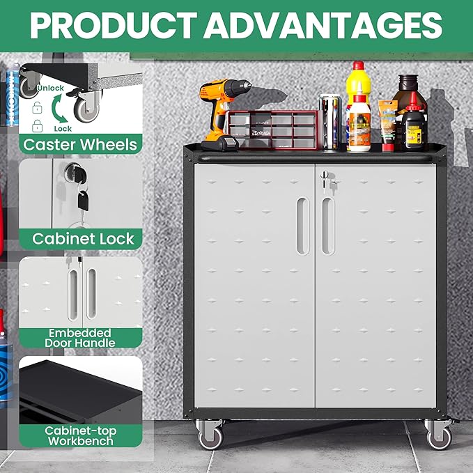Garage Cabinets,Metal Garage Storage Cabinet with Wheels,Lockable Rolling Tool Cabinet with Drawer and Adjustable Shelves,Heavy Duty Tools Cabinet for Home Office Utility Room,Black/Grey