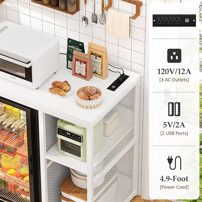 Homieasy Mini Fridge Cabinet Stand with Power Outlet, Coffee Bar Cabinet with Mini Fridge Space, Bar Stand with Microwave Shelf with Wine Rack for Kitchen, Dorm, White