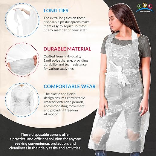 ABC PACK & SUPPLY White Plastic Disposable Aprons Adults for Painting, 28 x 46 Inches. Pack of 100 Disposable Plastic Aprons, 1 Mil. Unisex Waterproof Polyethylene Painting Apron for Food Industry