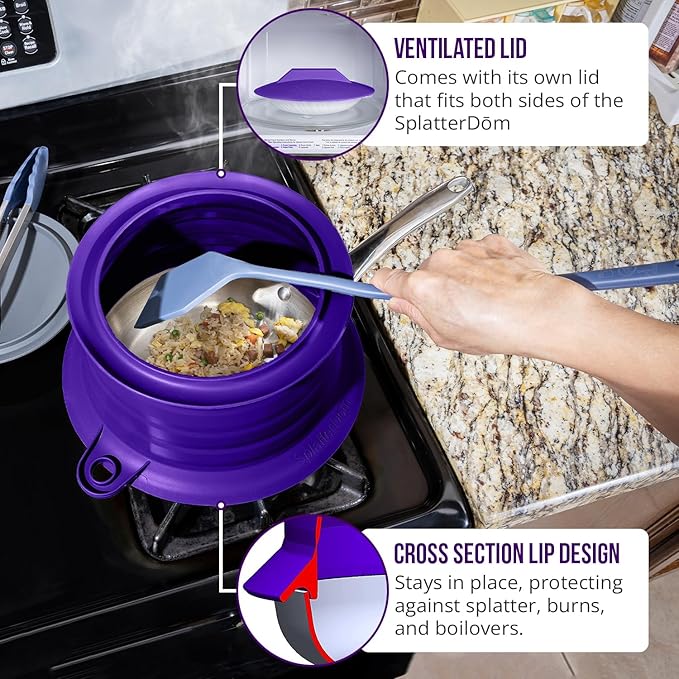 L.I.Q Silicone Splatter Guard – Fits 8 and 10 Inch Pots (20 and 25 Centimeters) – Microwave Safe and Durable SplatterDom - Includes 8” Lid - Food and Oil Splash Guard (Violet, Small)