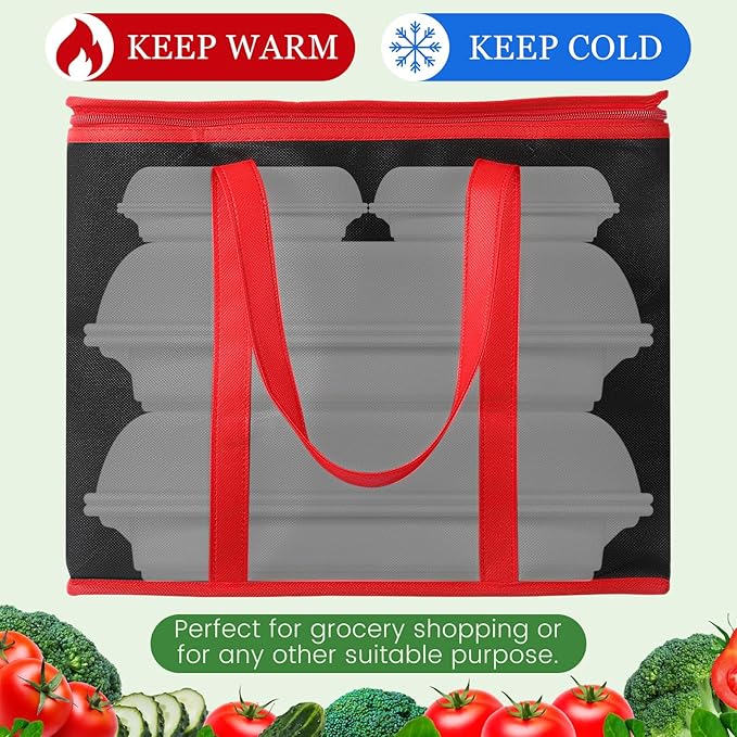 Kenning 15 Pcs Large Insulated Reusable Grocery Bags with Sturdy Zipper and Handles Foldable Washable Cooler Totes Heavy Duty Hot or Cold Food Delivery Bag for Food Transport Travel Lunch (Black Red)