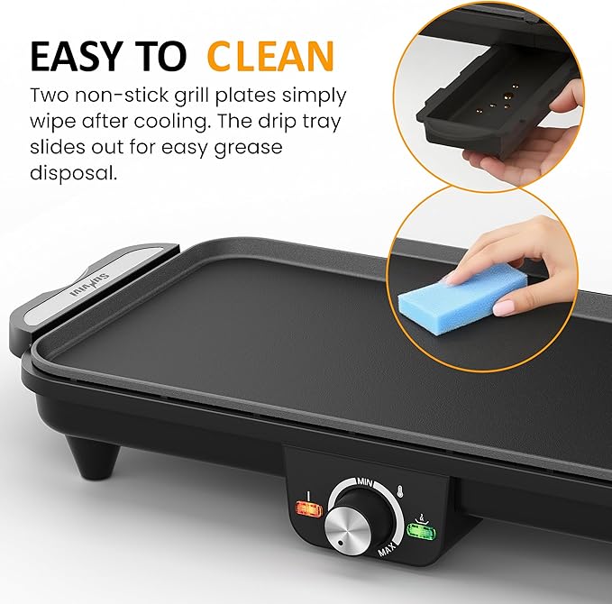 Sunvivi Electric Griddle Flat Grill: Indoor Grill with 2 Adjustable Temp Knobs, Nonstick Cooking Plate, Large Grill Pan with Drip Tray, 2 Cooking Zone (17.5'' x 9''), Easy to Clean