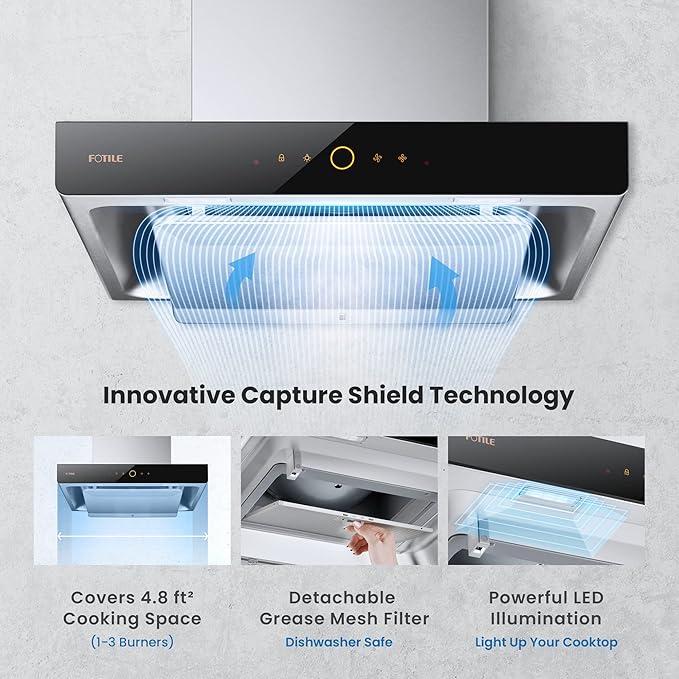 FOTILE EMS6008-CR 24" Wall-mount Recirculating Range Hood with Touchscreen, 3 Speed-settings and Auto Turbo Mode | Manual-adjustable Capture Shield Technology | Delay Shuoff and Detachable Oil Plate