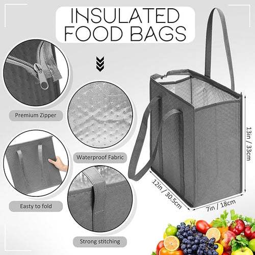 10 Pack Large Insulated Grocery Bags Reusable Shopping Bags with Zippered Top 13 x 12 x 7 Inch Thermal Cooler Totes Bulk with Handles for Hot Cold Food Delivery Refrigerator(Grey,Black)