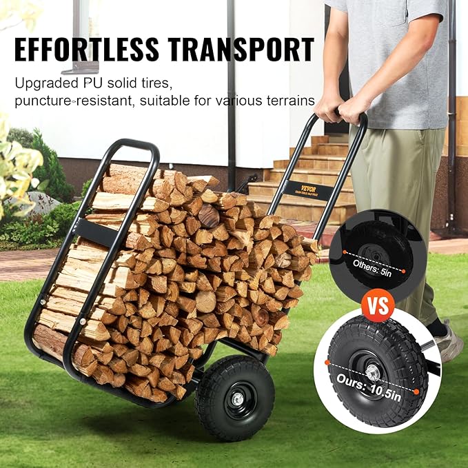 VEVOR Firewood Cart, 250 lbs Capacity, Black Heavy Duty Steel Dolly Hauler with PU Wheels & Waterproof Cover, Outdoor and Indoor Wood Rack Storage Mover, Firewood Carrier for Fireplace, Fire Pit