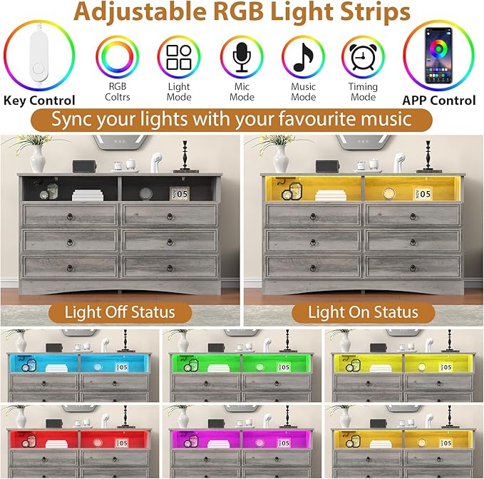 Grey 6 Drawer Dresser for Bedroom with LED Lights and Charging Station, Wood 6 Chest Drawers, Large Storage for Clothes, for Living Room, Bedroom, Hallway, Taupe Grey
