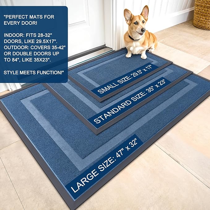 OLANLY Front Door Mat Indoor Outdoor Entrance, Waterproof All-Season, All-Weather Doormat, Sturdy Natural Rubber, Fade Resistant, Low Profile, Easy Clean Patio Porch Entryway Mat, 33x21, Light Blue