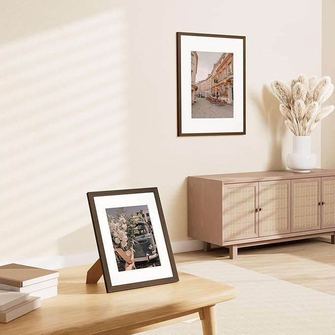 Vittanly 8.5x11 Picture Frame Set of 2, Solid Wood Frame for Wall or Tabletop, Display Photo 6x8 with Mat or 8.5x11 without Mat, Brown