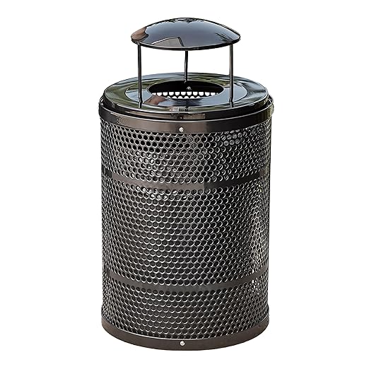 32 Gallon Perforated Recycle Container with Rain Bonnet Lid, Steel Outdoor Heavy-Duty Commercial Trash Can, Black Round Waste Bin, Durable Garbage Can for Municipalities, Schools, Parks, Parking