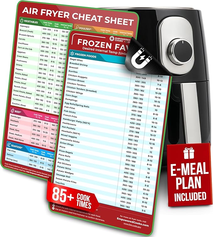 Cathy Yoder's Air Fryer Cheat Sheet Set, Air Fryer Accessories, AirFryer Cooking Guide Magnetic Cheat Sheet, AirFryer Cook Times Chart Magnet, Internal Food Temp for 80+ Popular Foods - Red