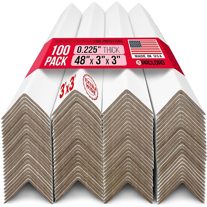 Extra-Wide 48" x 3" x 3" Reinforced Cardboard Edge Protectors (Pack of 100) – 0.225" Heavy-Duty Thickness – Cardboard Edge Protectors for Shipping – American Quality Pallet Edge Protector
