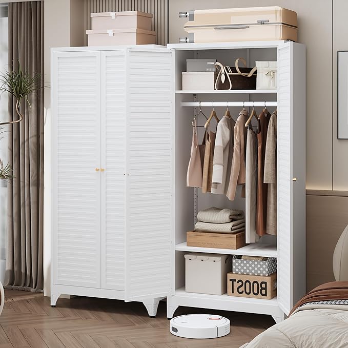 71" Metal Wardrobe Cabinet with Hanging Rod,Armoire Wardrobe Closet with Doors and Adjustable Shelves, Whiet Clothing Storage Cabinets for Bedroom,Office,School,Hospital