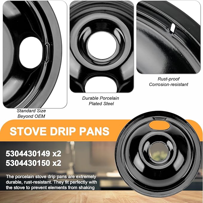 Black Porcelain Drip Pans Set 4-Pack 318067041 & 318067051 Compatible with Frigi-daire Ken-more Range Oven Replaces Electric Range Stove Burner 5304430149,5304430150 by Fetechmate
