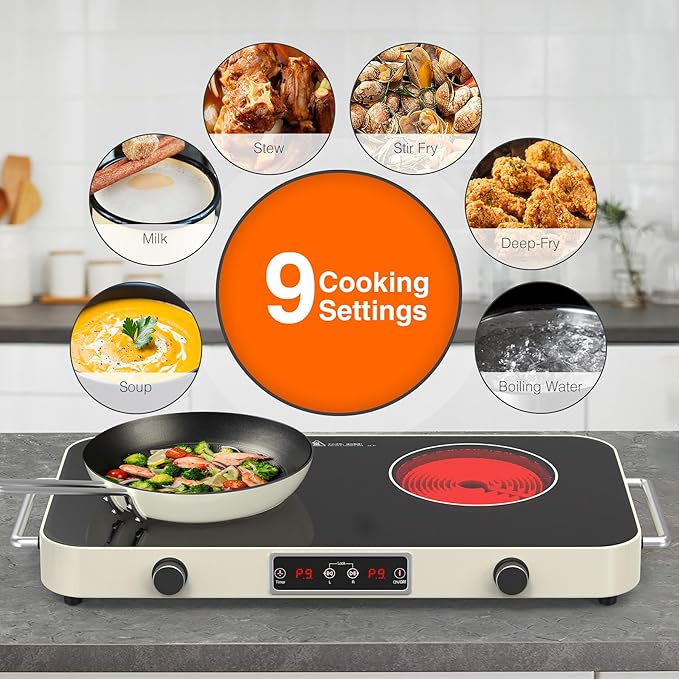 Electric Cooktop, 2200W 110V Electric burner, Electric Stove Top with 2 Handle, 2 Burner Electric Cooktop with 9 Power Settings,Knob Control Child Safety Lock & Timer.