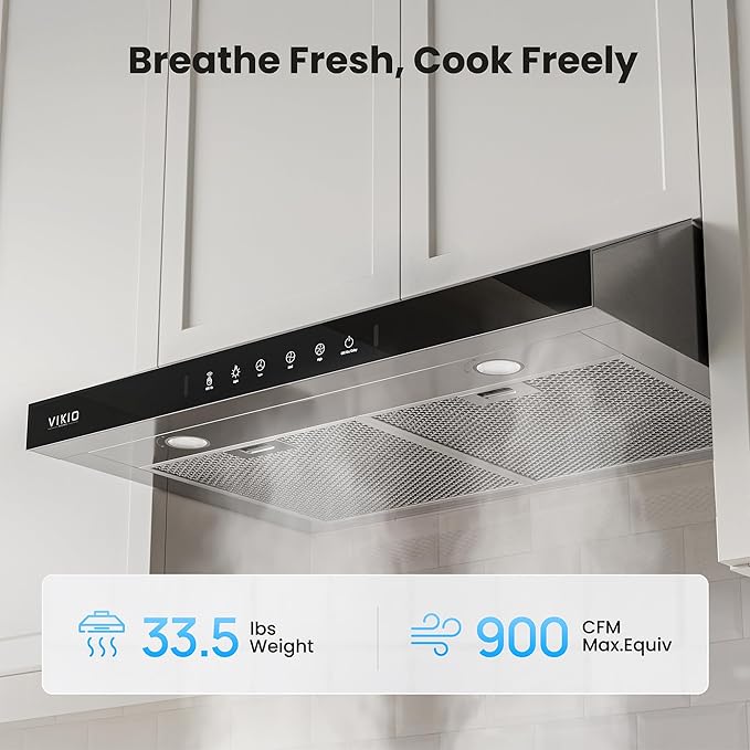 Under Cabinet Range Hood 30 Inch, 900 CFM Dual Centrifugal Motor, 3-Speed Ducted Kitchen Vent, Reusable Filters, Stainless Steel Kitchen Hood with LED Lights, Low Noise, Glass Black