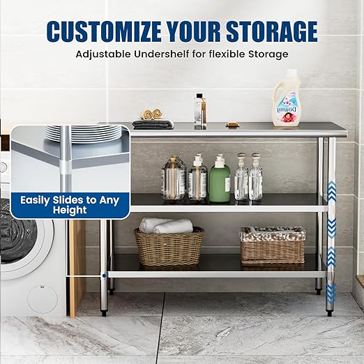 Stainless Steel Work Table 24 x 60 Inch with 2 Adjustable Undershelves, Heavy-Duty Metal Prep Table for Commercial Kitchen & Restaurant, Garage, Outdoor