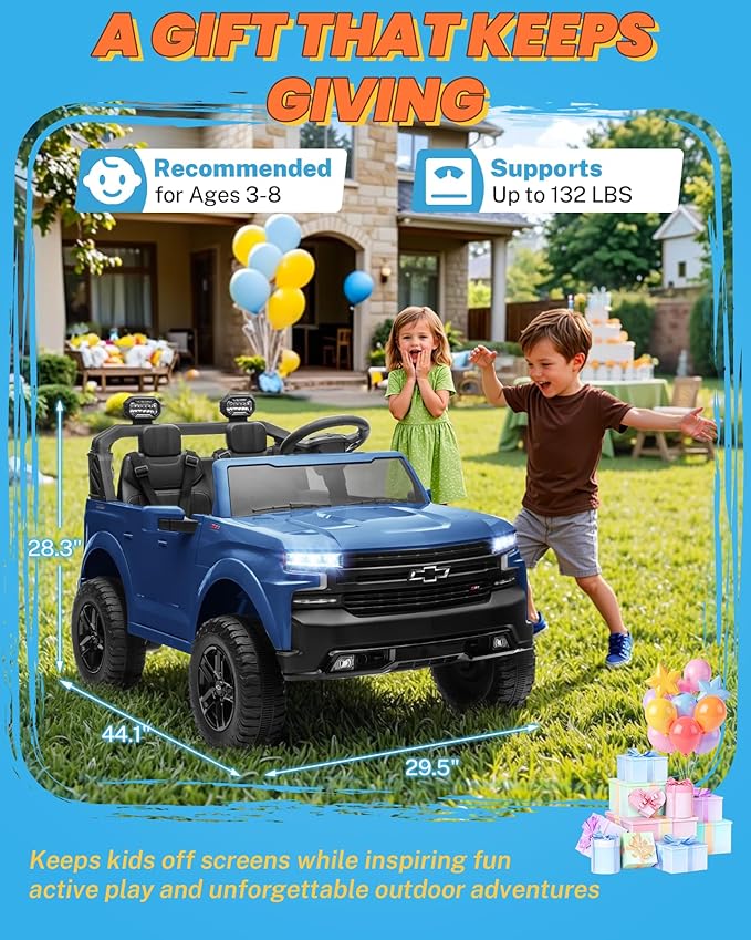 ENYOPRO 2 Seater Ride on Car for Kids, 24V Licensed Chevy Silverado LT Trail Boss Battery Powered Electric Car for Toddlers w/Remote Control, Metal Suspension, Soft Start, Bluetooth, LED Lights (Blue)