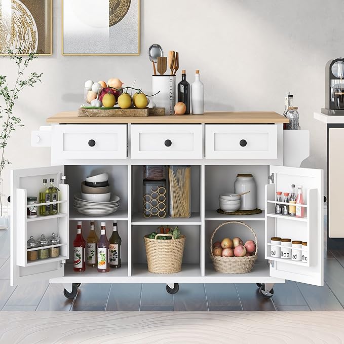 Favfurish Kitchen Island with Drop-Leaf Countertop, Internal Storage Cabinet Racks, Rolling Kitchen Cart on 5 Wheels with Open Shelves and 3 Drawers, Spice Holder, for Dining Room, White