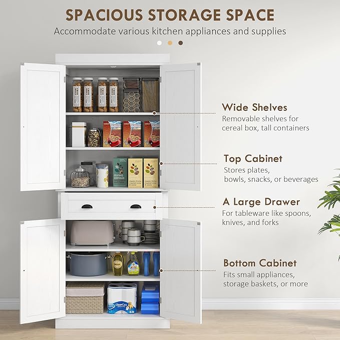 HOMCOM 72.5" Kitchen Pantry Cabinet, Traditional Freestanding Storage Cabinet with 4 Doors, Drawer and 3 Adjustable Shelves for Dining Room, White Wood Grain