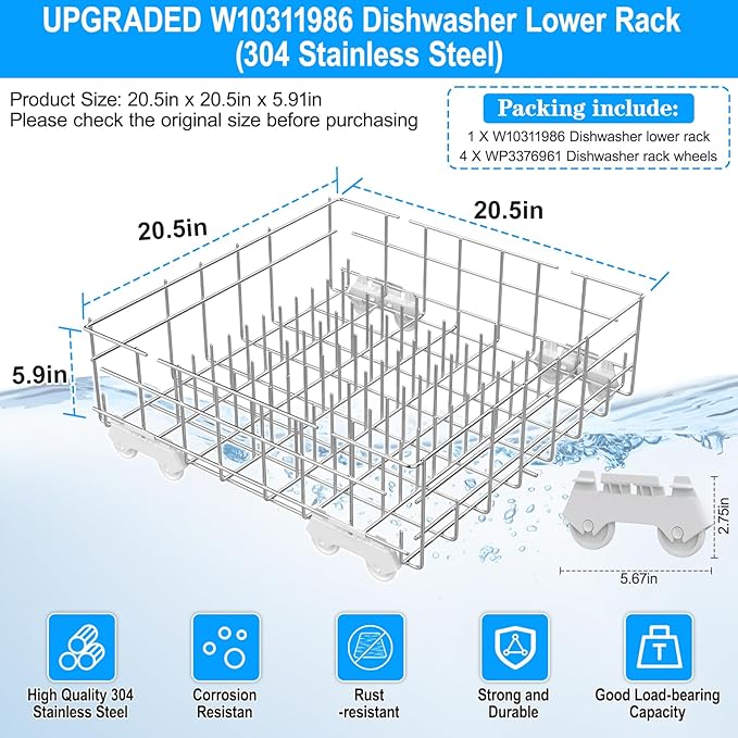 Upgraded W10311986 W10380384 Dishwasher Lower Rack 304 Stainless Steel Compatible with Whirlpool Dishwasher Racks Replacement Parts WDT750SAHZ0 WDTA50SAHZ0 Whirlpool Dishwasher Bottom Rack with Wheel
