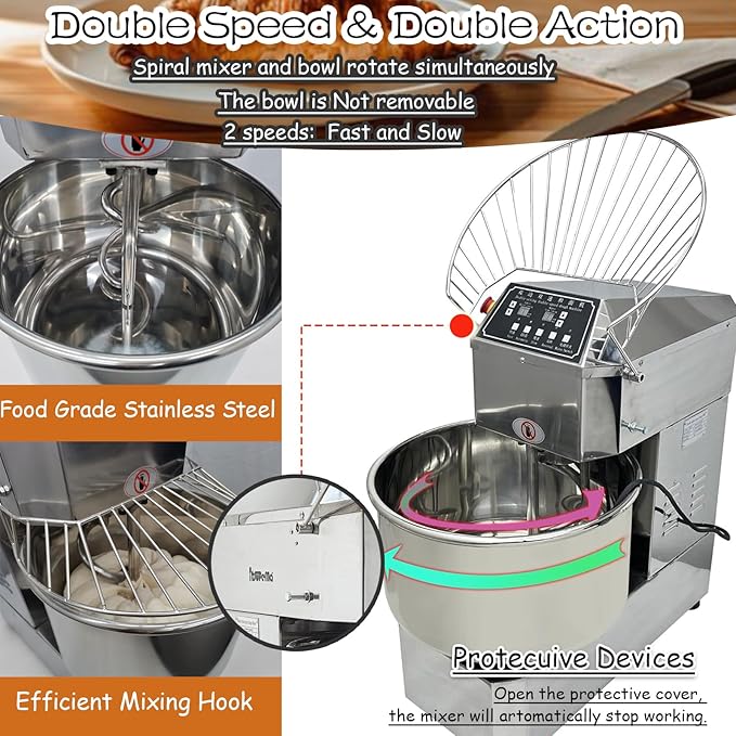 INTSUPERMAI Commercial Dough Mixer, 50QT Stand Flour Mixing Machine, Double Action Double Speed, with A Dough Cutter, 110V/2200W Electric Food Stand Spiral Mixer
