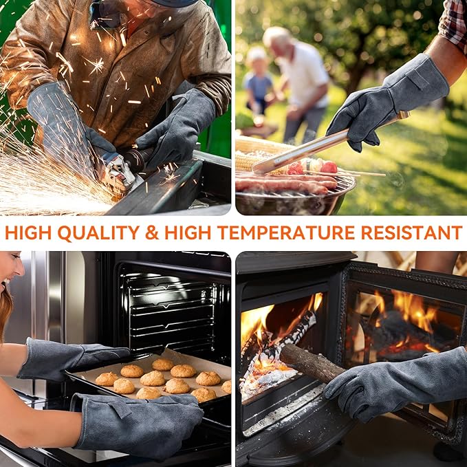 OZERO 932°F Heat Resistant Forge Welding Gloves 14 inches Cowhide Leather - Long Sleeve and Insulated Lining Grill Glove for Tig Welder/Mig/Barbecue/Stove Gray