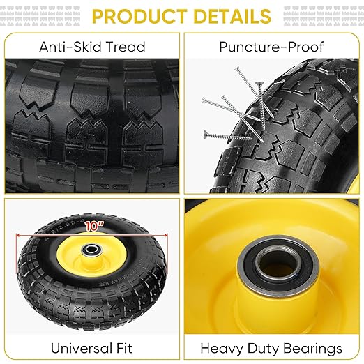 TICONN 10" Solid Tires, 2 Pack Flat Free 4.10/3.50-4'' Wheels with 5/8” Axle Bore Hole and Double Sealed Bearings (Yellow, 2PK)