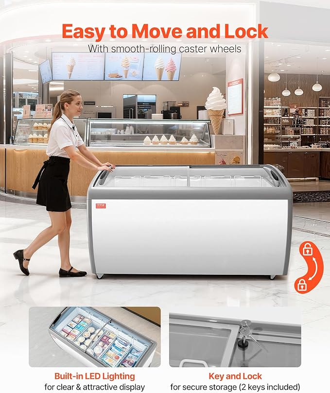 VEVOR Commercial Ice Cream Display Case, 16.3 Cu.ft Chest Freezer, -19 to 3℉ Temp Adjustable Mobile Top Deep Freezer with 5 Wire Baskets, 2 Sliding Glass Doors, Locking Casters & LED Strip Lighting