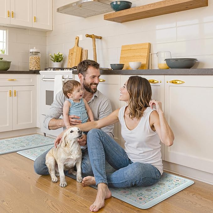 KIMODE Comfort Anti Fatigue Mats for Kitchen Floor,Boho Floral Kitchen Rugs Sets of 2 Non Slip,Cushioned Memory Foam Kitchen Mat Carpet for Laundry Sink Bathroom Office,Blue