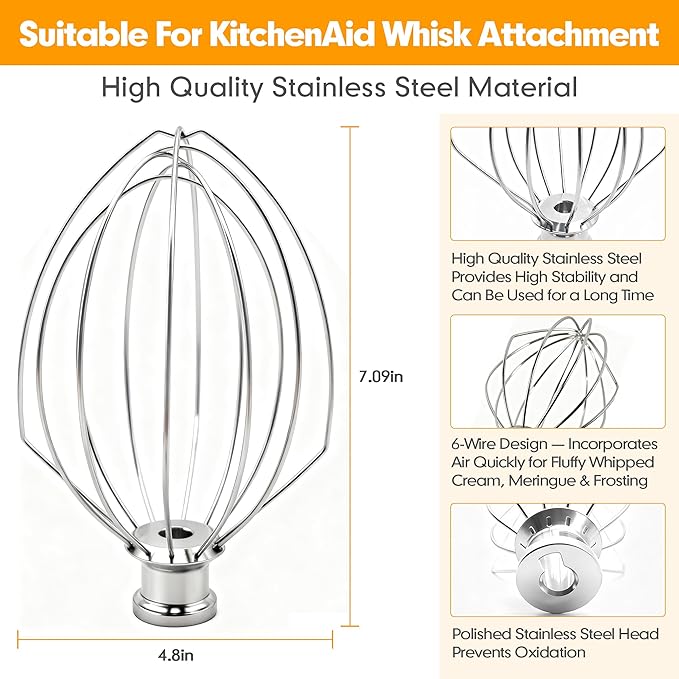Wire Whip Attachment for KitchenAid 5 Qt Bowl-Lift Mixers, 6-Wire Stainless Steel Whisk Replacement, Heavy-Duty Whip for Beating Eggs, Whipping Cream, Frosting, and Cakes, Dishwasher Safe