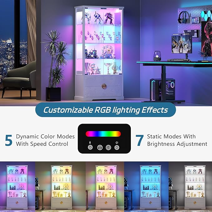 RGB Glass Display Cabinet with Door, 4-Tier Curio Cabinet with 2 Drawers and Adjustable Glass Height Showcase, Display Case with 3 LED Light and Human Body Sensor, White