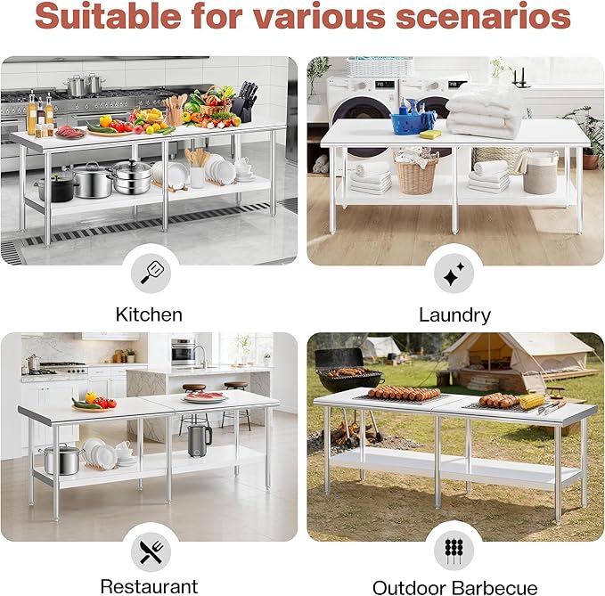 Jocisland 30" x 96" Stainless Steel Table for Prep & Work Adjustable Under Shelf and Feet, for Commercial Kitchen, Restaurant, Hotel, Garage