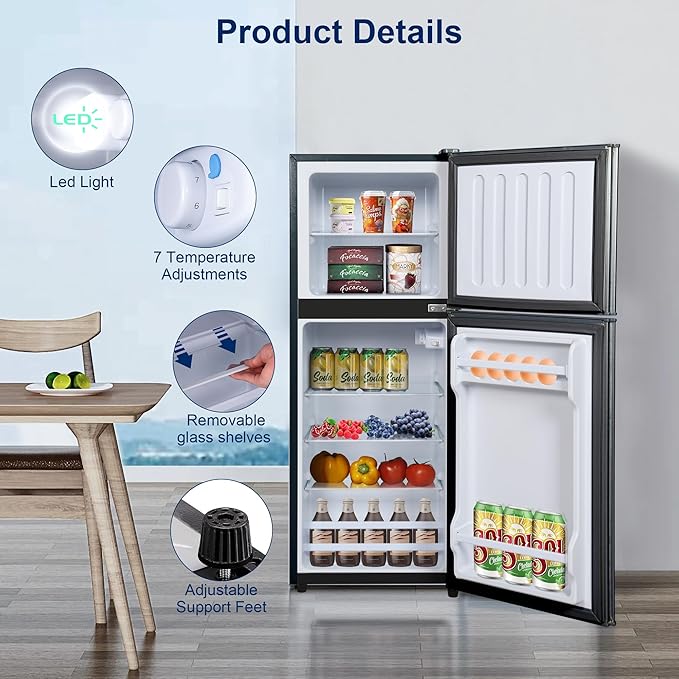 4.8 Cu. Ft. Fridge with Freezer, 2-Door Mini Fridge with Freezer, Adjustable Thermostat Small Refrigerator, Dorm Refrigerator for Apartment, Office, Kitchen, Black