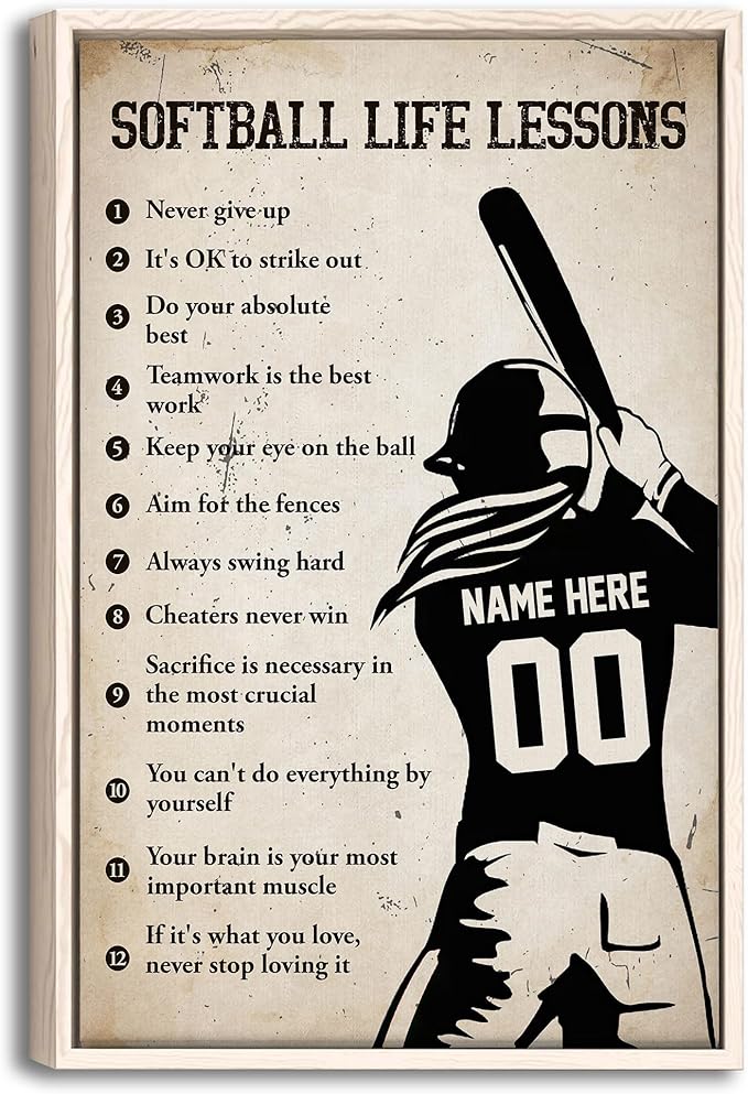 Custom Softball Life Lessons Sports Motivational Gift For Girl Personalized Name Number Poster & Framed Canvas, Wall Art Home Office Decoration Living Room Bedroom Aesthetic Decor