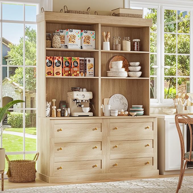 71" Tall Farmhouse Kitchen Pantry, Large Storage Cabinet with Drawers, Freestanding Coffee Bar Hutch with Microwave Stand, Adjustable Shelves for Kitchen, Living Room, Brown 4 Pcs