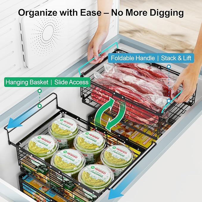 iSPECLE Deep Freezer Organizer Bins for 10 to 20 Cu.Ft, 4 Pack Stackable & Hanging Baskets, Expandable Metal Wire Storage System, Fits 17.5"-22.6" Width, Chest Freezer Only, Black