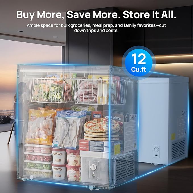 12 Cu.Ft Chest Freezer, Small Compact Deep Freezer with Adjustable 7 Thermostat, 2 Removable Baskets, Energy Saving, Quiet Top Open Door Mini Meat Freezer with LED Light for Garage Outdoor Home Office