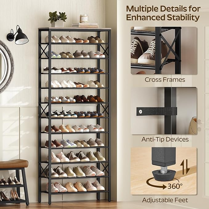 12 Tier Shoe Rack, Large Capacity Shoe Storage Organizer Holds 48 Pairs, Sturdy and Stable, for Entryway, Hallway, Closet, Dorm Room, Greige and Black SS12BG