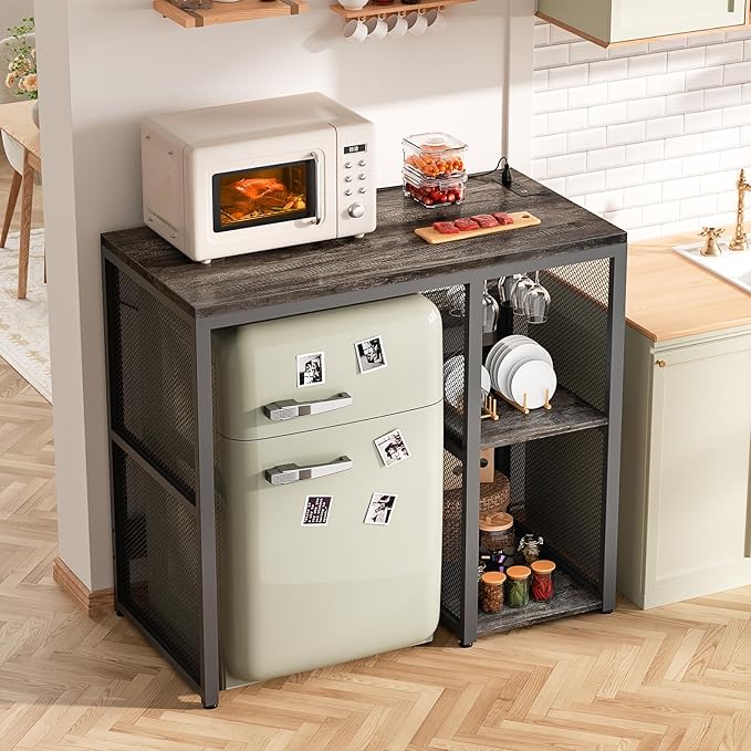 Homieasy Mini Fridge Cabinet Stand with Power Outlet, Coffee Bar Cabinet with Mini Fridge Space, Bar Stand with Microwave Shelf with Wine Rack for Kitchen, Dorm, Grey