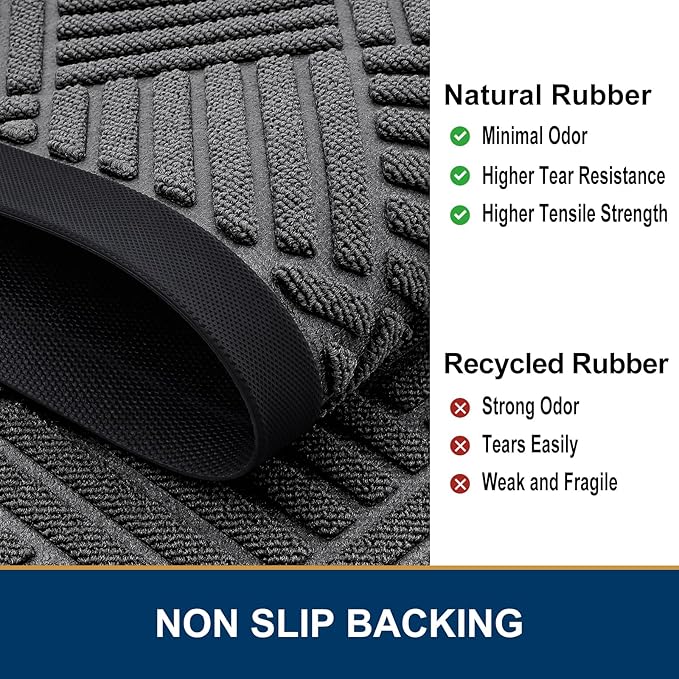 Smiry Front Door Mat Outside Entrance, Heavy Duty Outdoor Indoor Natural Rubber Doormat, Non Slip, Trap Dirt and Moisture, Easy Clean, Low Profile Patio Porch Entryway Mat, 47x32, Grey
