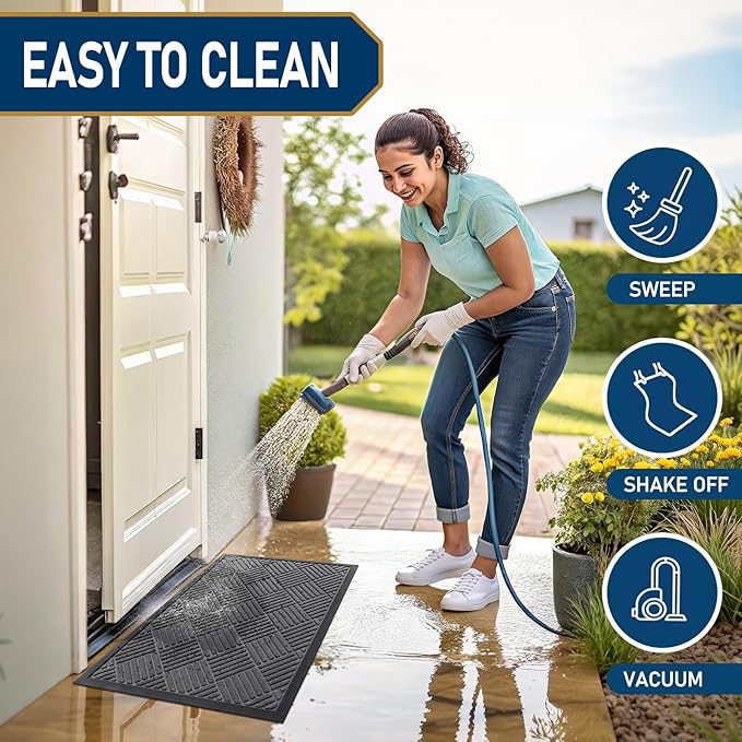 Smiry Front Door Mat Outside Entrance, Heavy Duty Outdoor Indoor Natural Rubber Doormat, Non Slip, Trap Dirt and Moisture, Easy Clean, Low Profile Patio Porch Entryway Mat, 47x32, Grey