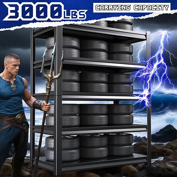 Garage Shelving 5-Tier Adjustable Metal Garage Shelves Heavy Duty Unit,3000 LBS Steel Shelf Storage Rack Suitable for Industries,Warehouses,Basement,Black (72''H x 59''W x 20''D)