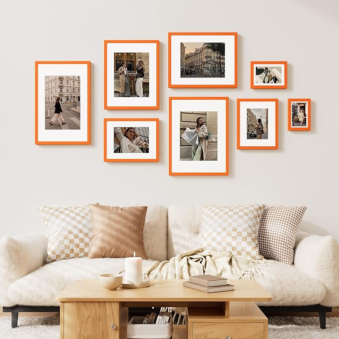 Vittanly 11x14 Picture Frame Set of 2, Solid Wood Frame for Wall Art Photo and Prints, Display Photo 8x10 with Mat or 11x14 without Mat, Orange